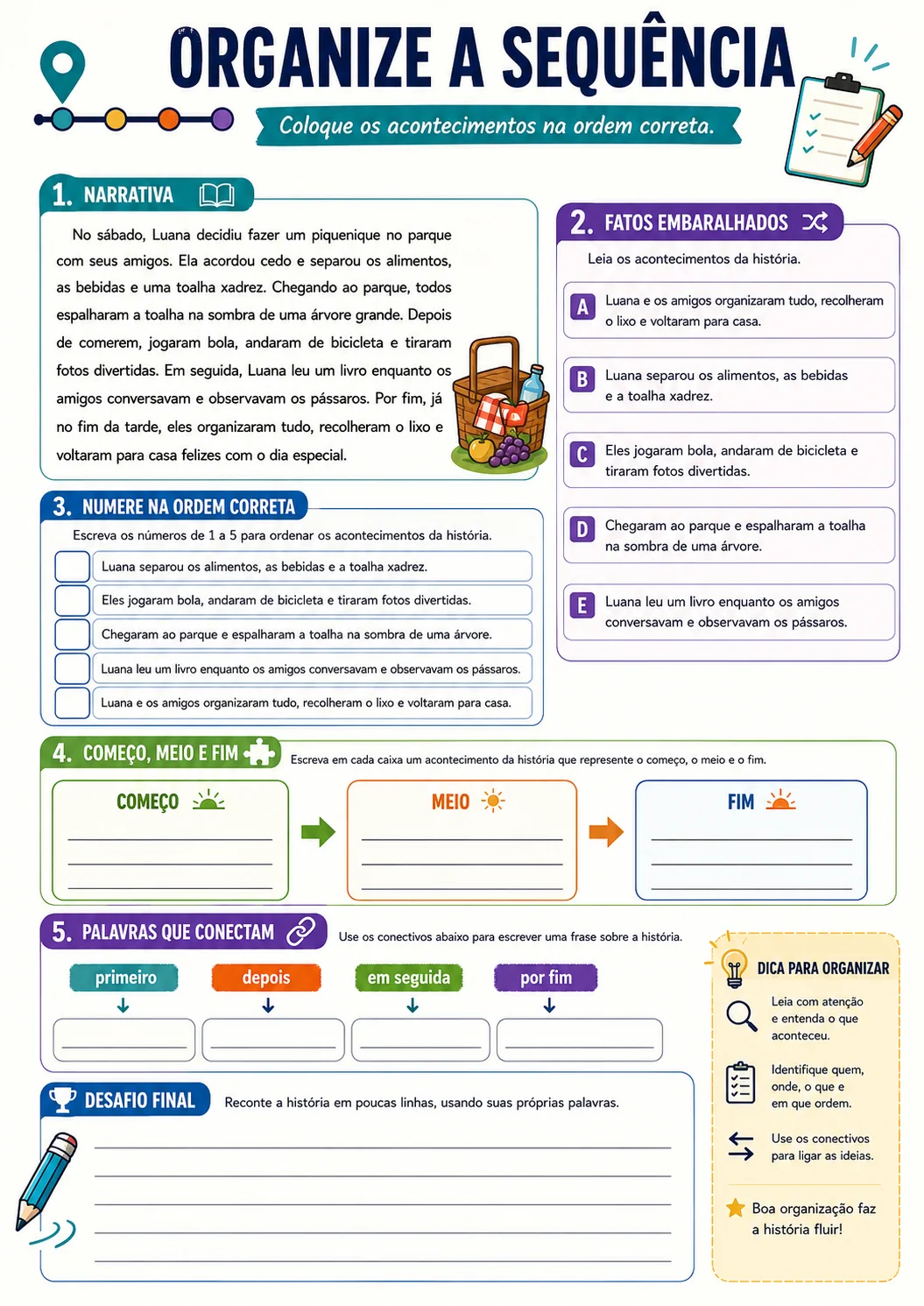 Página visual de interpretação: Organize a sequência