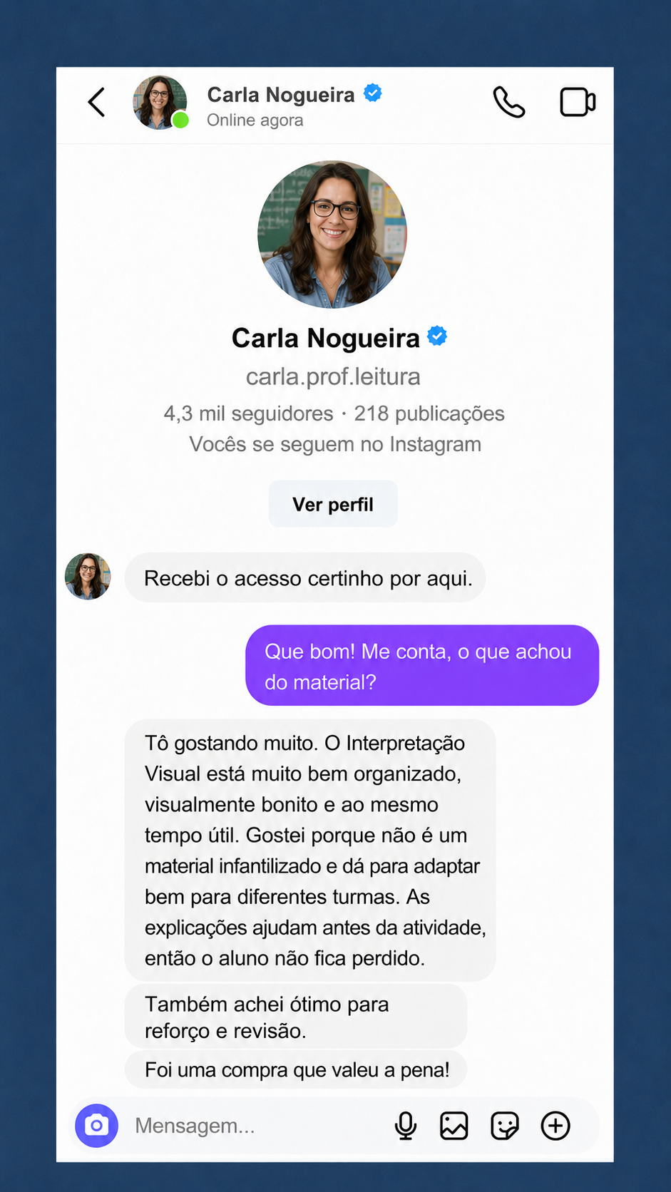Depoimento em mensagem direta do Instagram sobre Interpretação Visual